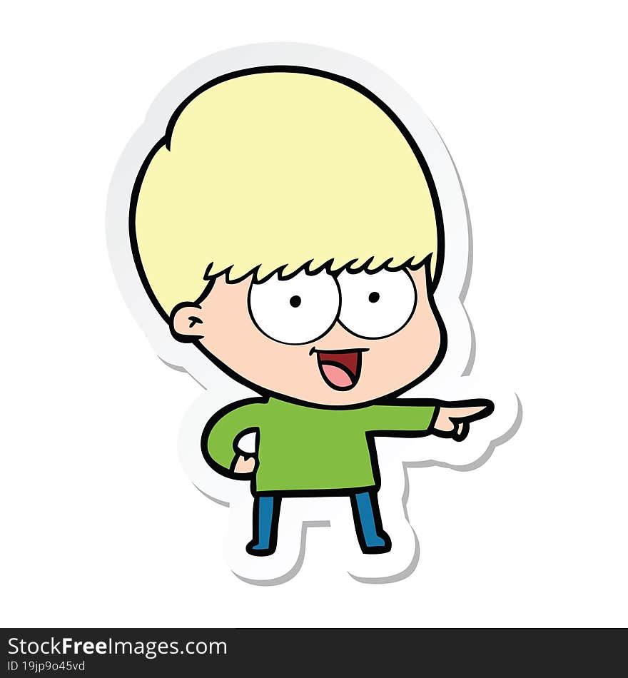 sticker of a happy cartoon boy pointing