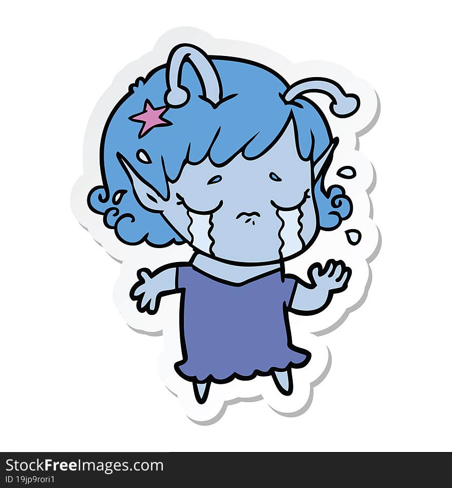 Sticker Of A Cartoon Crying Alien Girl