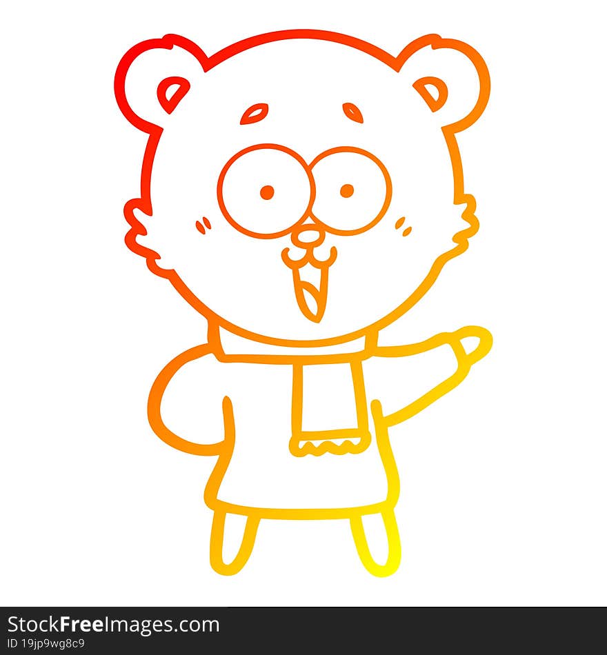 warm gradient line drawing of a laughing teddy  bear cartoon in winter clothes