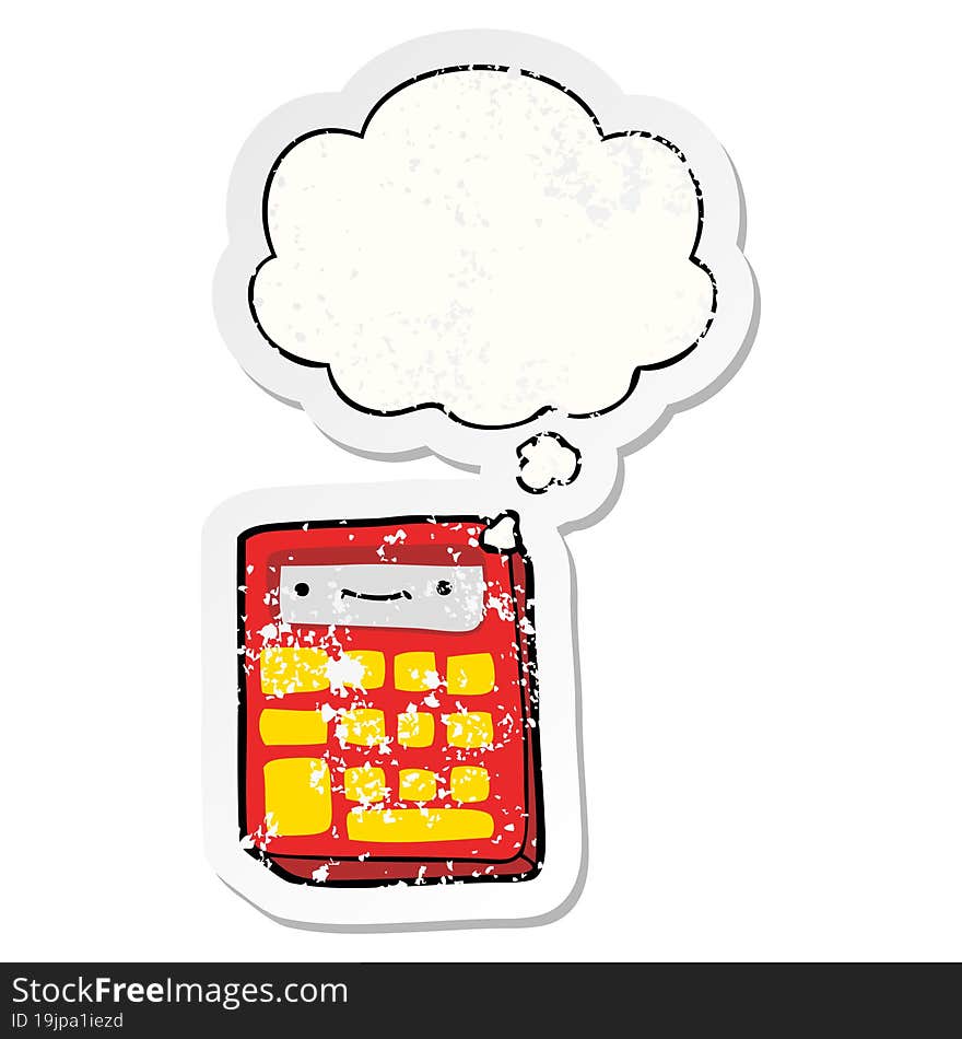 cartoon calculator with thought bubble as a distressed worn sticker