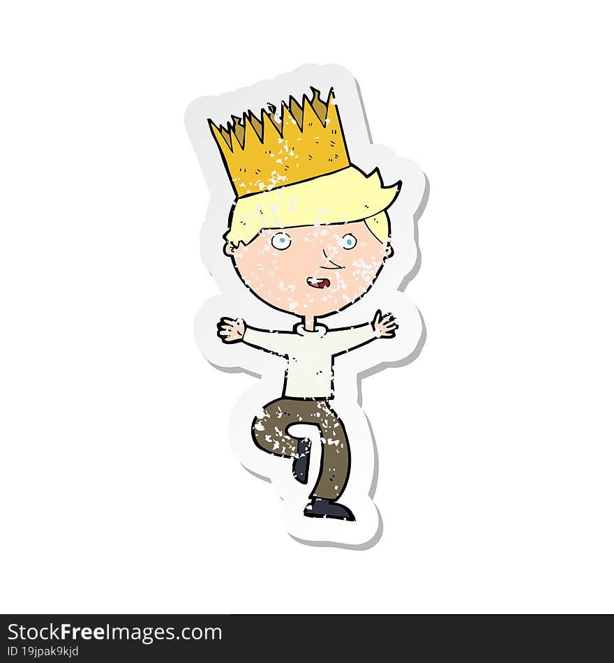 Retro Distressed Sticker Of A Cartoon Person Wearing Crown