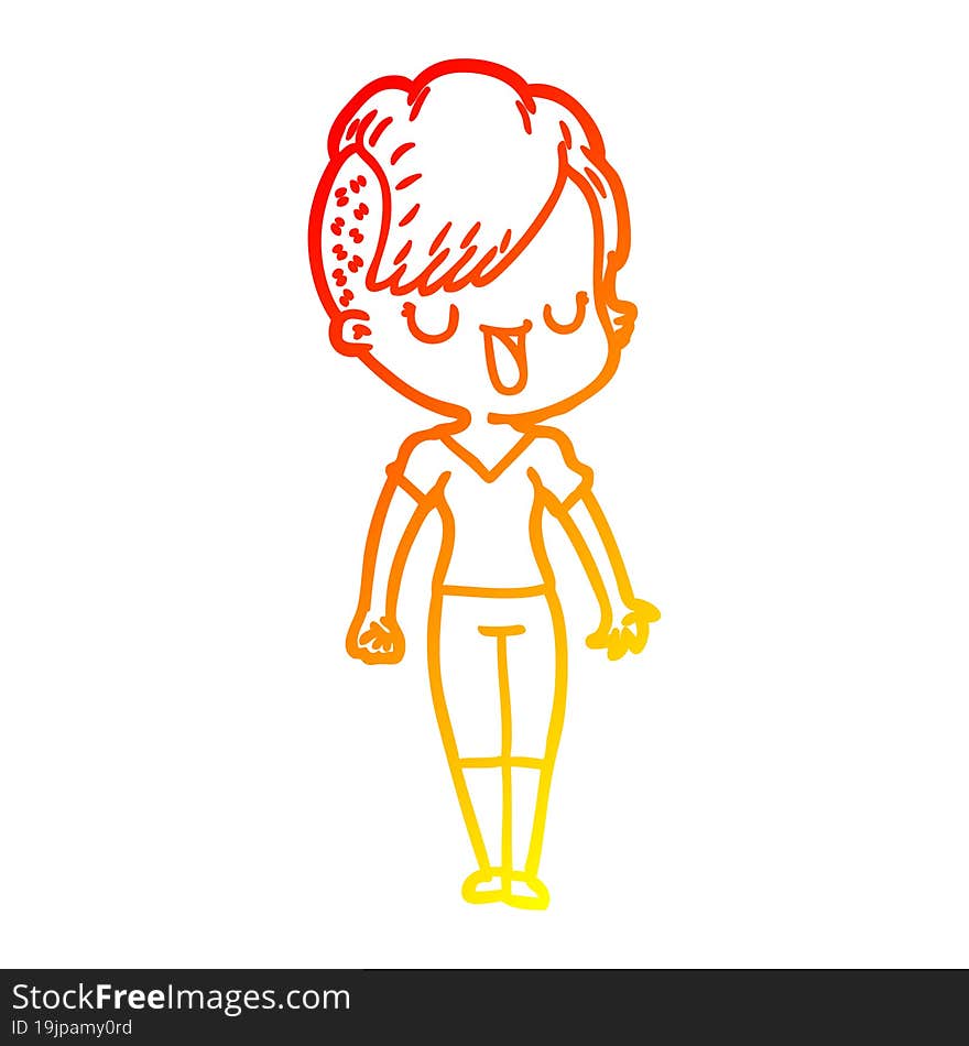 Warm Gradient Line Drawing Cute Cartoon Girl With Hipster Haircut