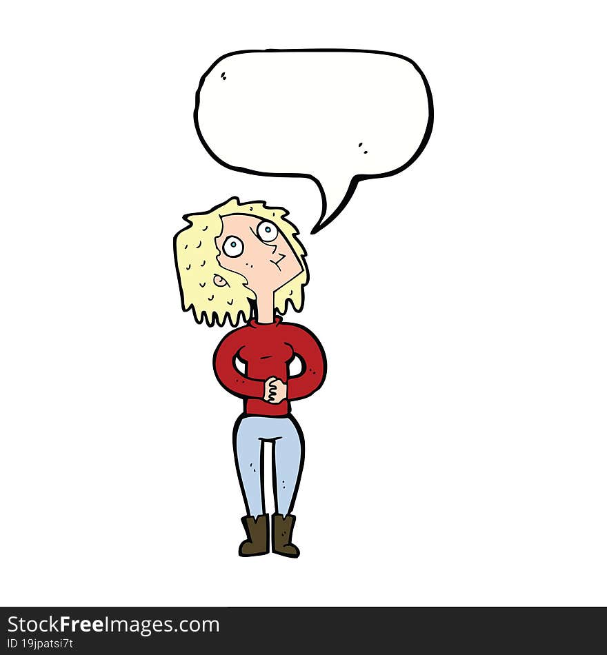 cartoon woman looking upwards with speech bubble