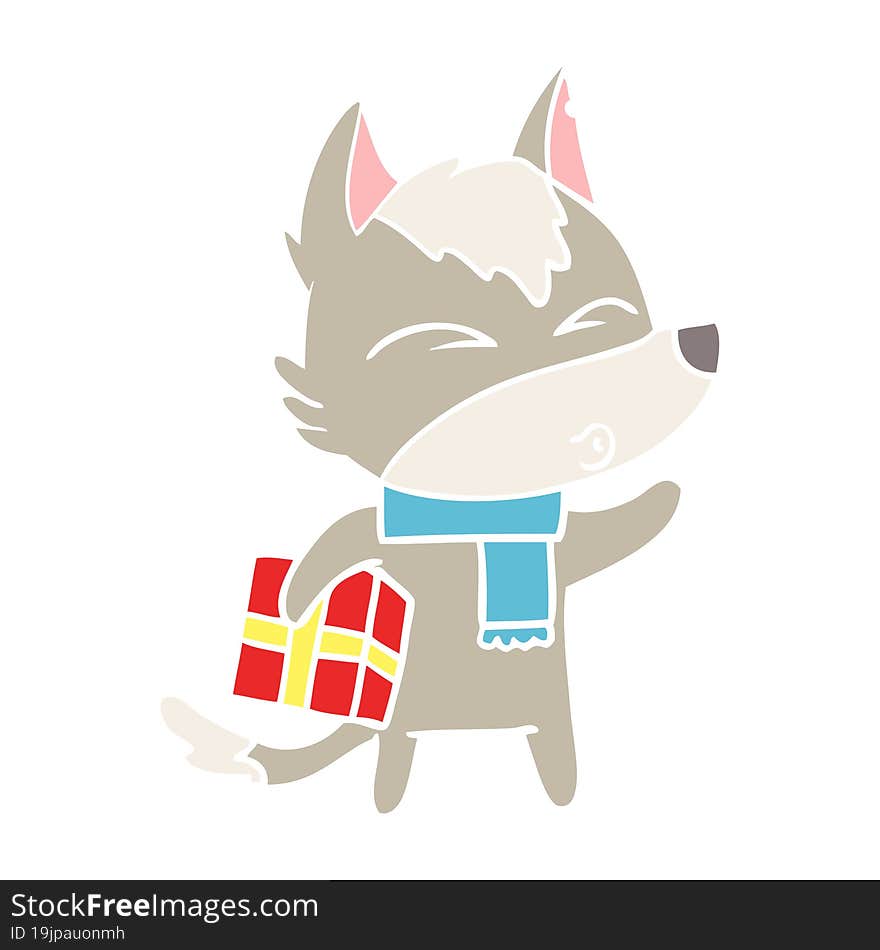 flat color style cartoon christmas wolf whistling