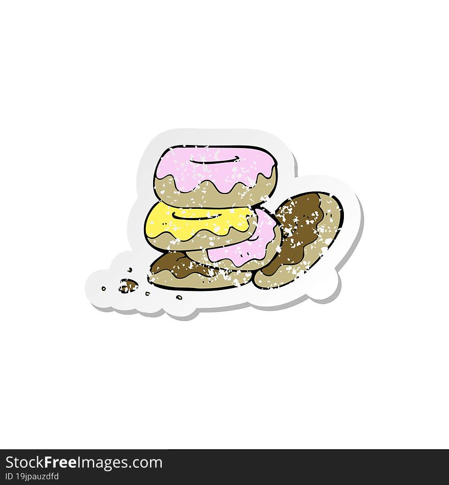 retro distressed sticker of a cartoon pile of donuts