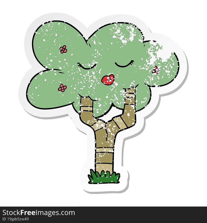 distressed sticker of a cartoon tree with face