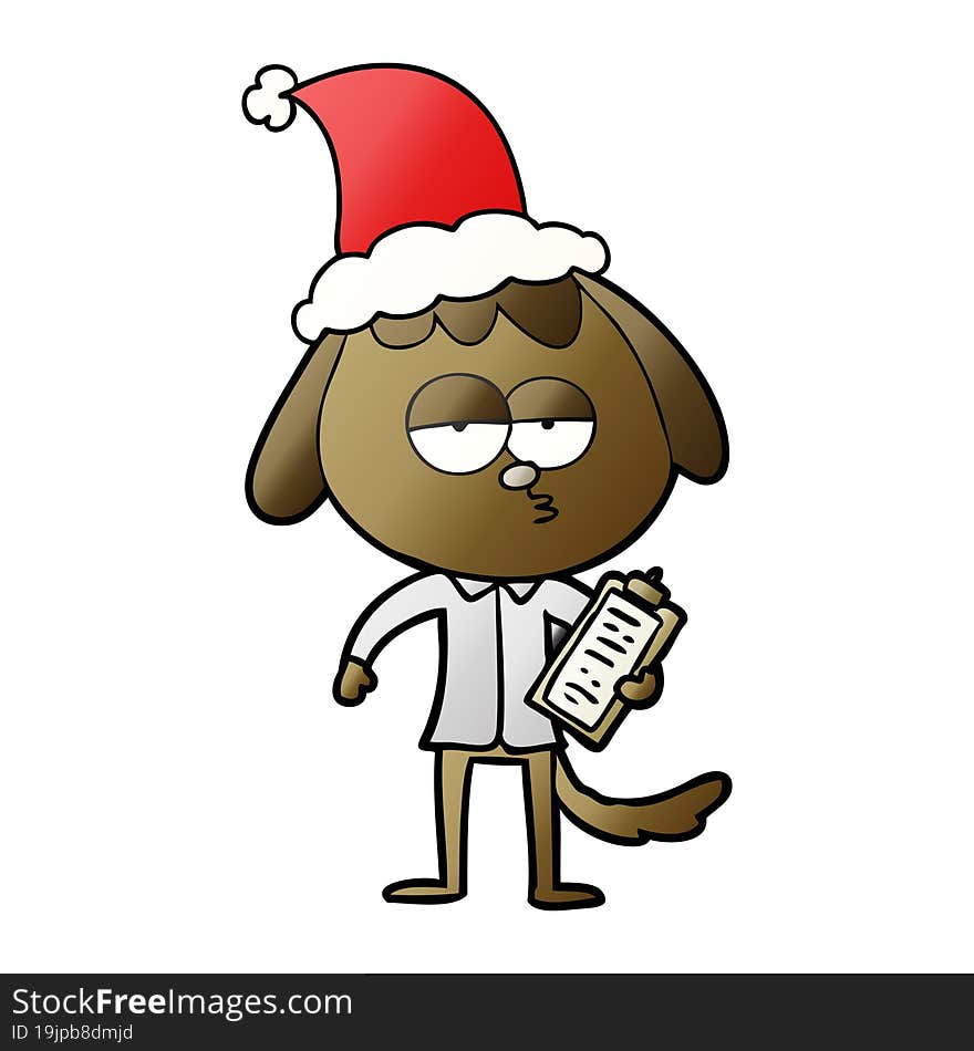 hand drawn gradient cartoon of a bored dog in office clothes wearing santa hat