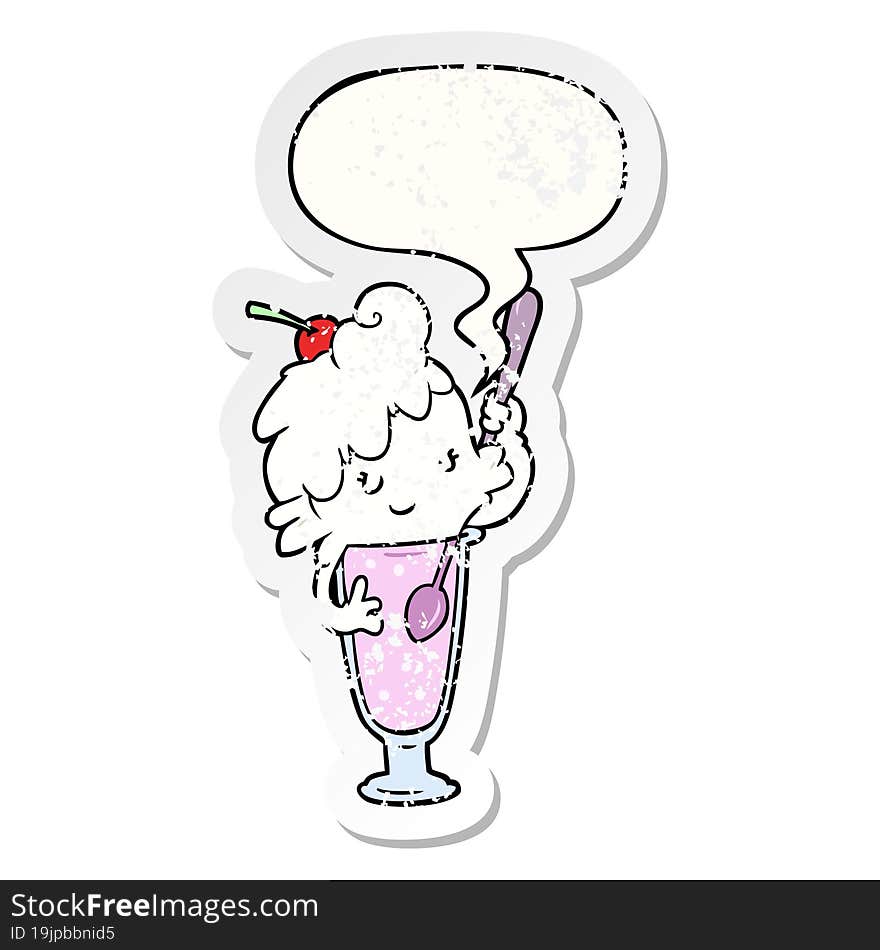 cartoon ice cream soda girl with speech bubble distressed distressed old sticker. cartoon ice cream soda girl with speech bubble distressed distressed old sticker