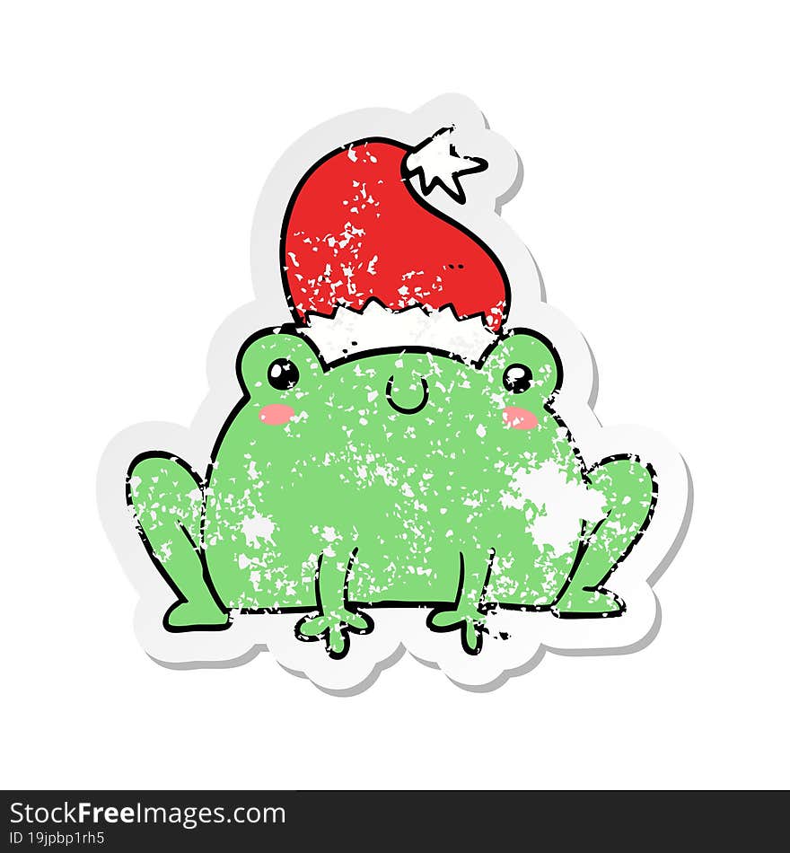 distressed sticker of a cute cartoon christmas frog