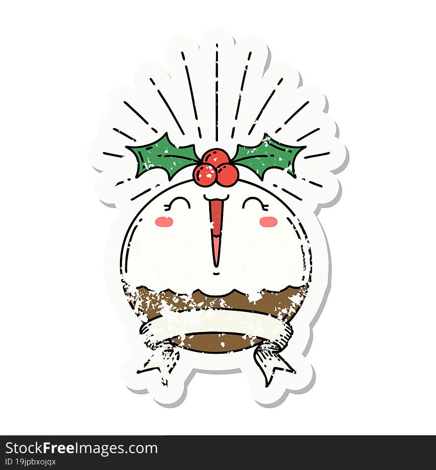 grunge sticker of tattoo style singing christmas pudding