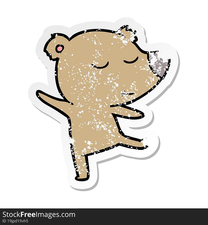 distressed sticker of a happy cartoon bear dancing