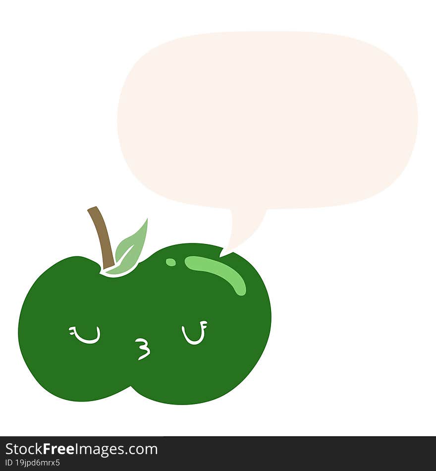 cartoon cute apple with speech bubble in retro style