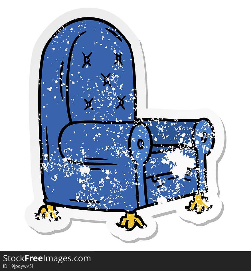 distressed sticker cartoon doodle of a blue arm chair