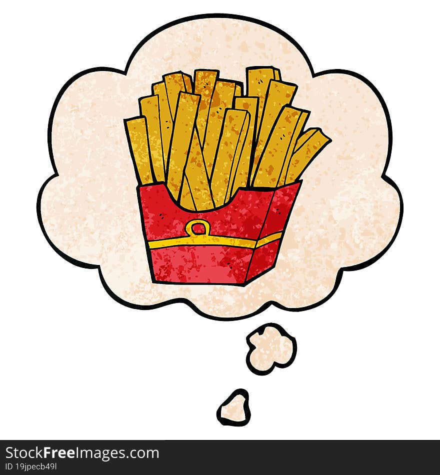 Cartoon Fries And Thought Bubble In Grunge Texture Pattern Style