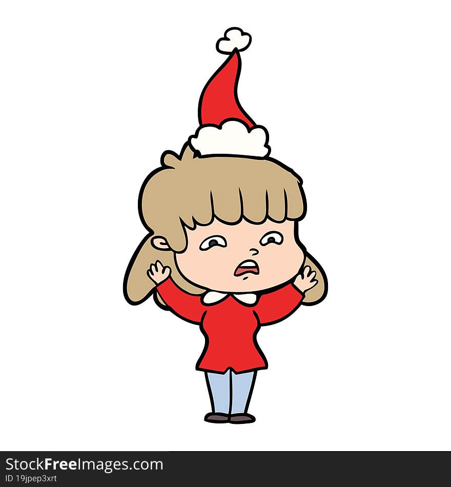 line drawing of a worried woman wearing santa hat