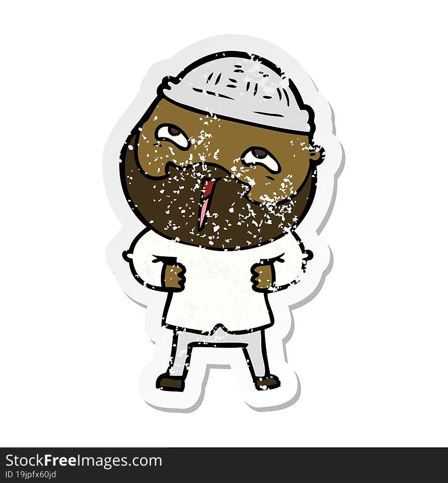 distressed sticker of a cartoon happy bearded man