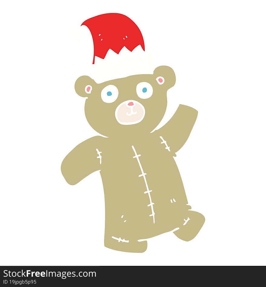 flat color illustration of a cartoon teddy bear wearing christmas hat