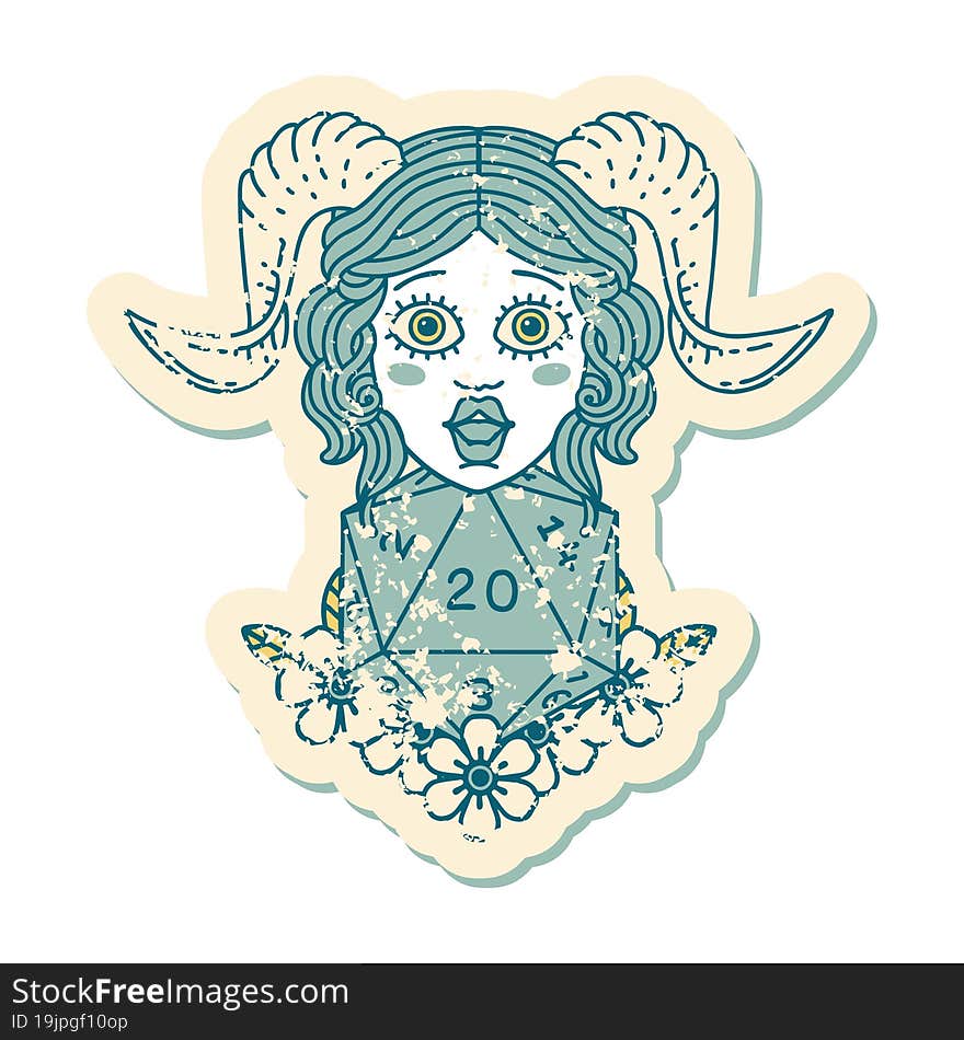 grunge sticker of a tiefling with natural twenty dice roll. grunge sticker of a tiefling with natural twenty dice roll