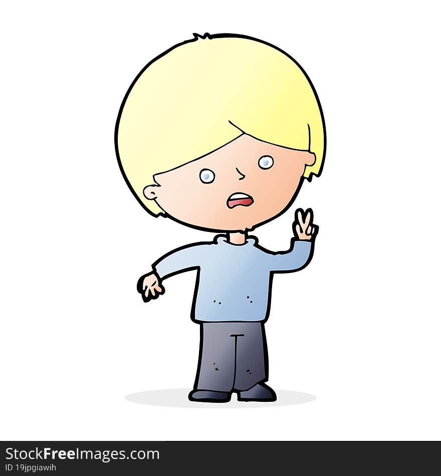 Cartoon Unhappy Boy Giving Peace Sign