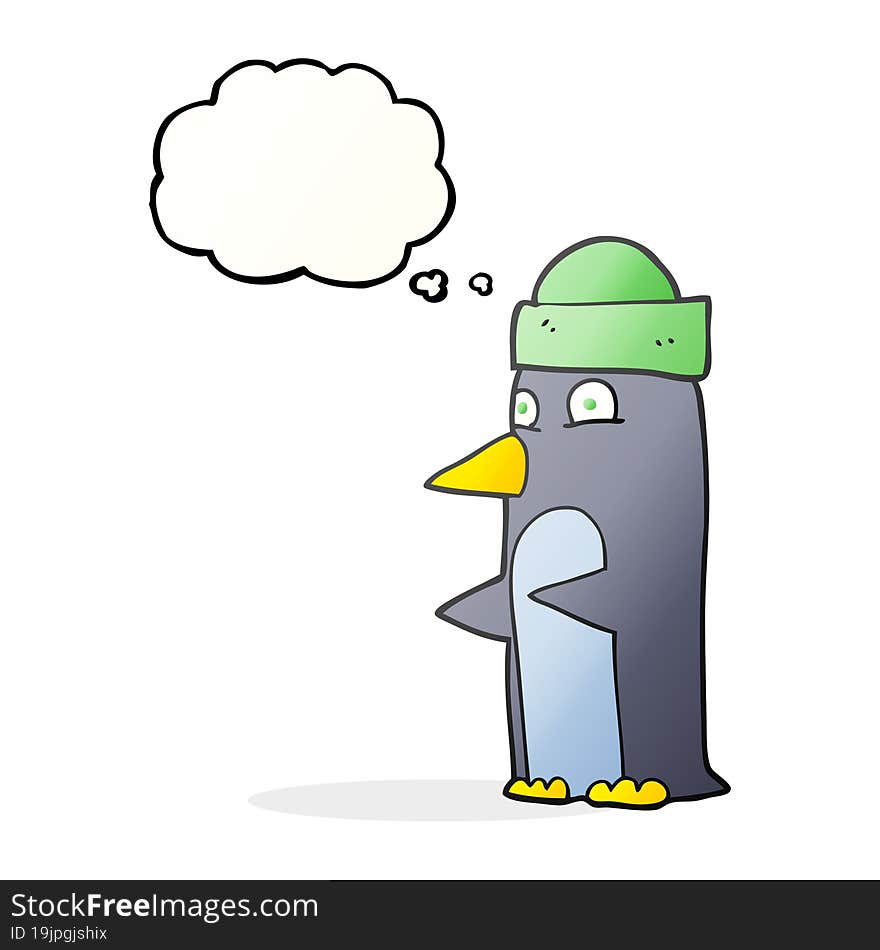 freehand drawn thought bubble cartoon penguin wearing hat