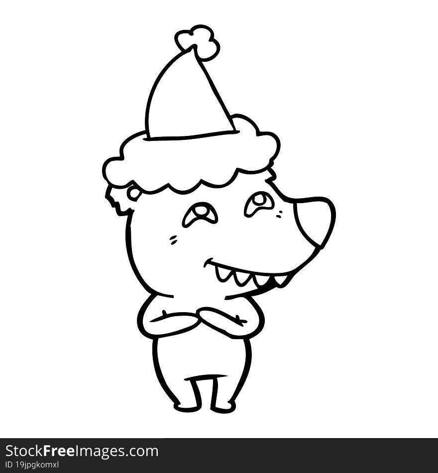 Line Drawing Of A Bear Showing Teeth Wearing Santa Hat