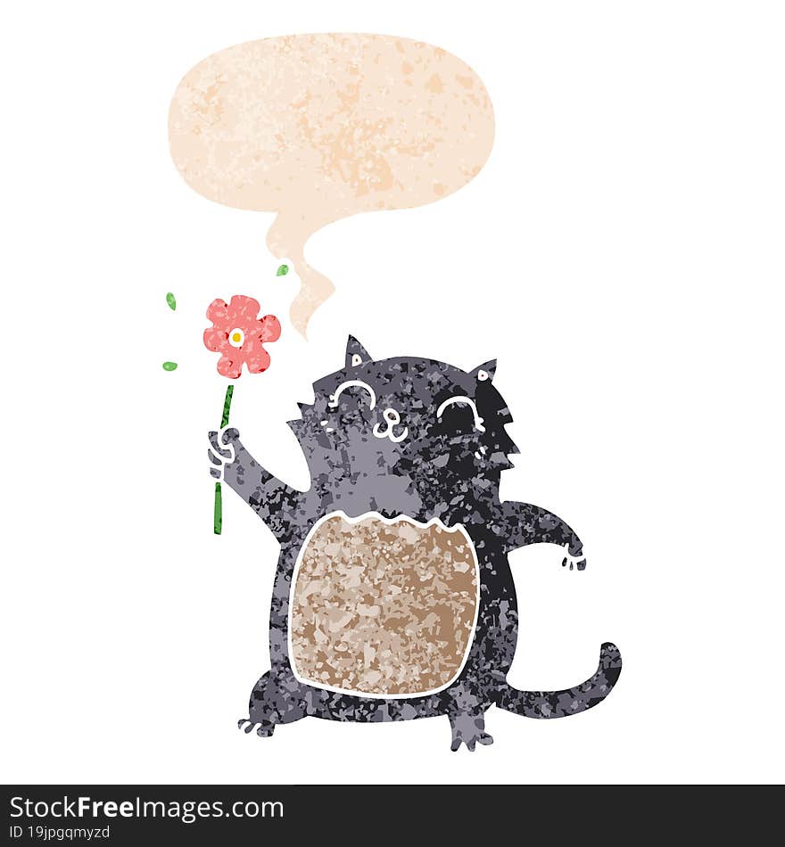 cartoon cat with flower and speech bubble in retro textured style