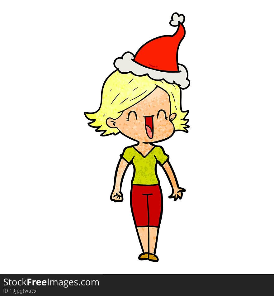 textured cartoon of a happy woman wearing santa hat