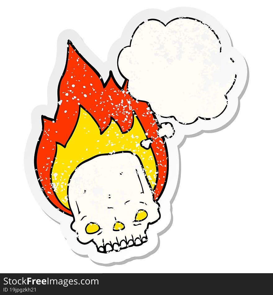 Spooky Cartoon Flaming Skull And Thought Bubble As A Distressed Worn Sticker