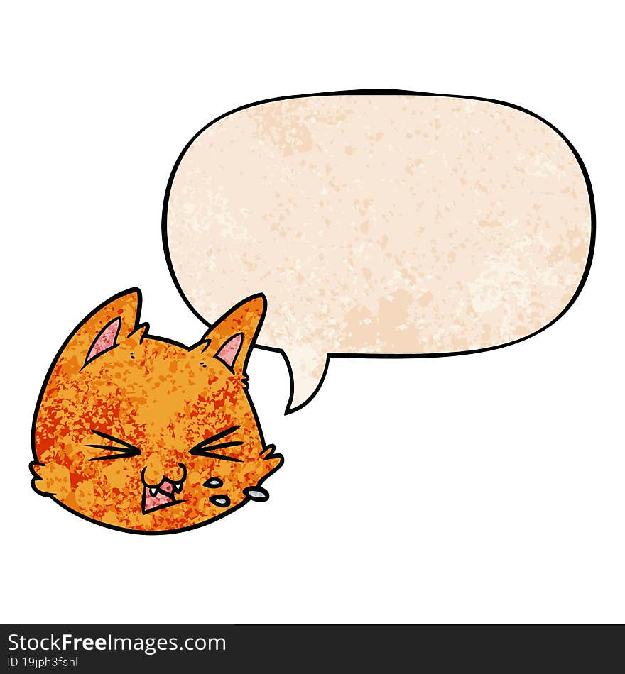 spitting cartoon cat face with speech bubble in retro texture style