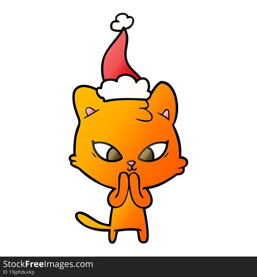 cute hand drawn gradient cartoon of a cat wearing santa hat. cute hand drawn gradient cartoon of a cat wearing santa hat