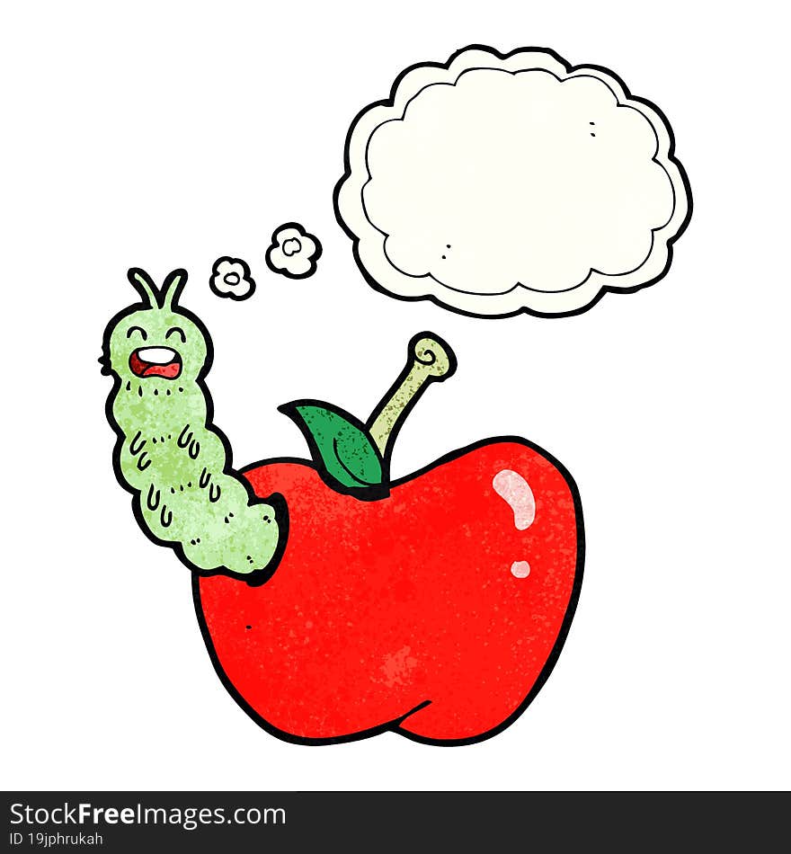 cartoon bug eating apple with thought bubble