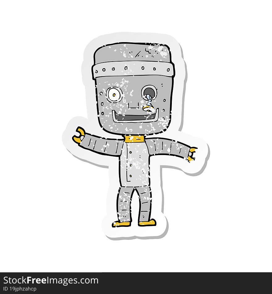 retro distressed sticker of a cartoon funny old robot