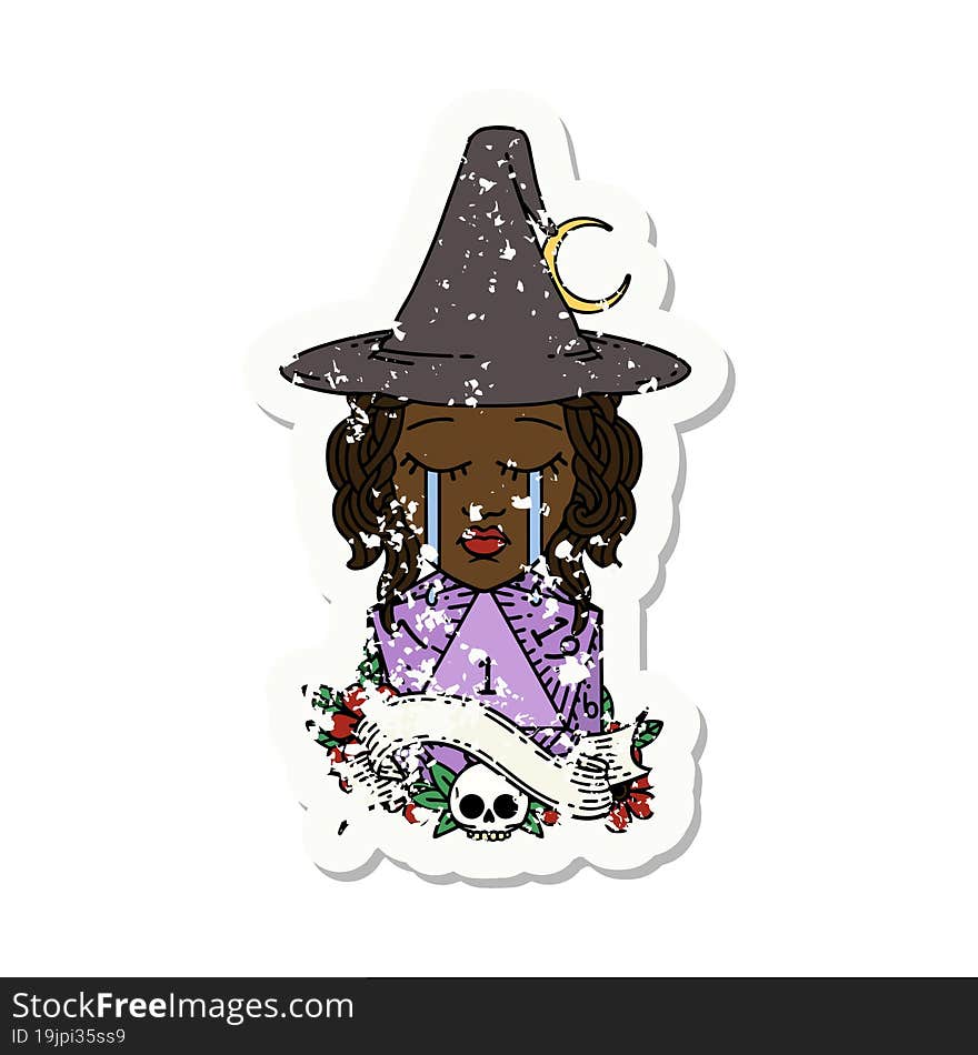 Retro Tattoo Style crying human witch with natural D20 roll. Retro Tattoo Style crying human witch with natural D20 roll