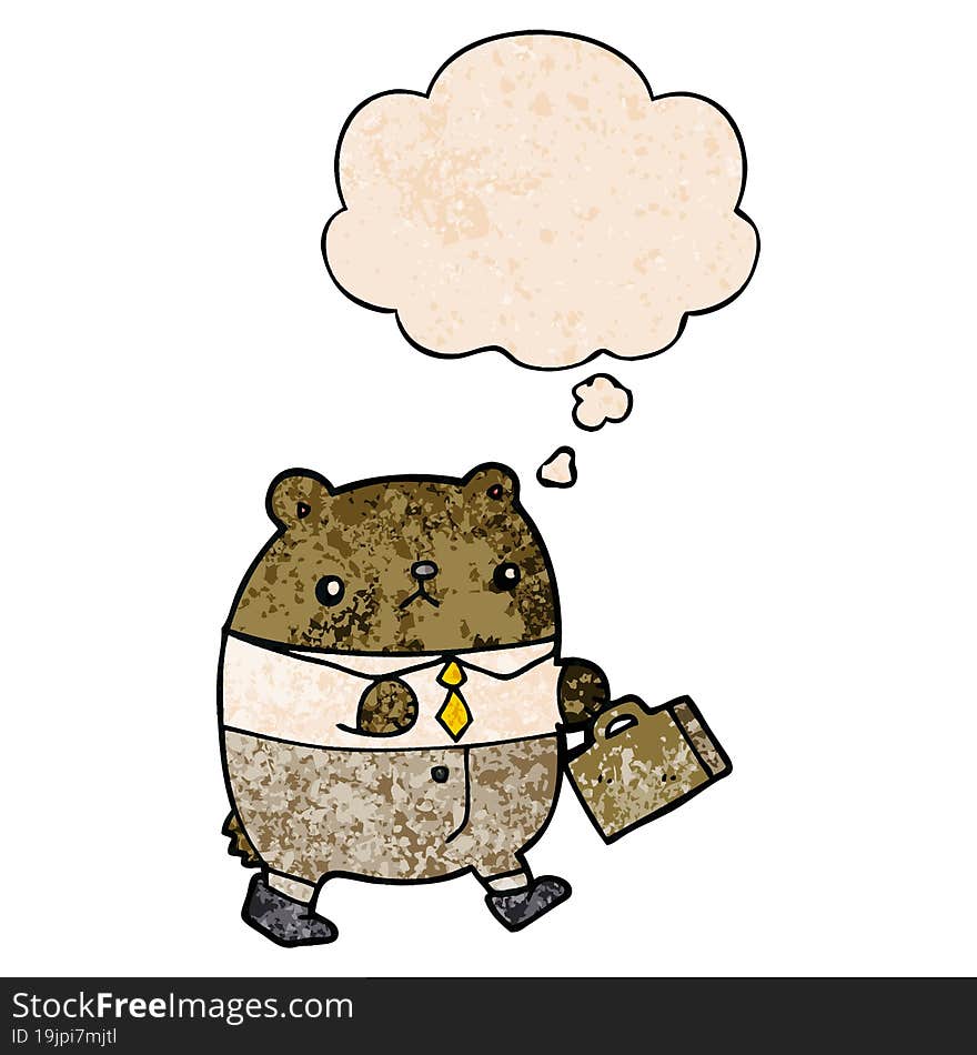 Cartoon Bear In Work Clothes And Thought Bubble In Grunge Texture Pattern Style