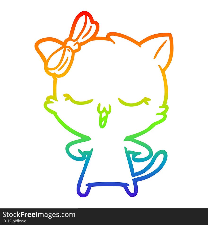 rainbow gradient line drawing cartoon cat with bow on head