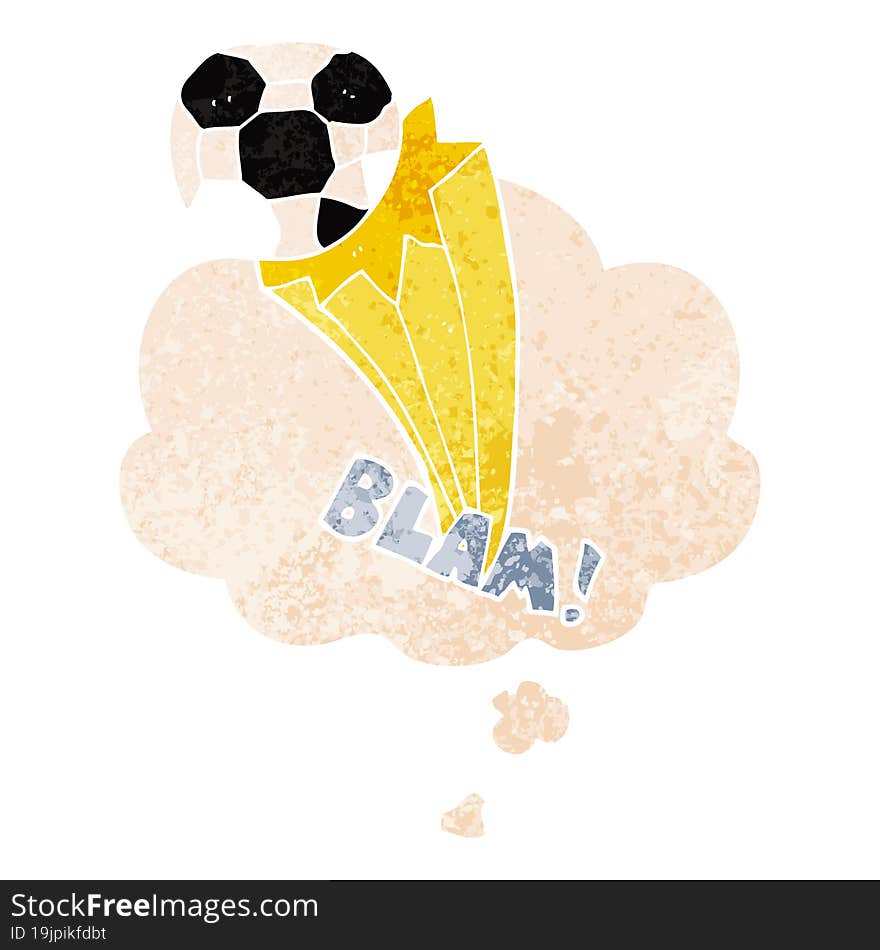 cartoon kicked soccer ball with thought bubble in grunge distressed retro textured style. cartoon kicked soccer ball with thought bubble in grunge distressed retro textured style