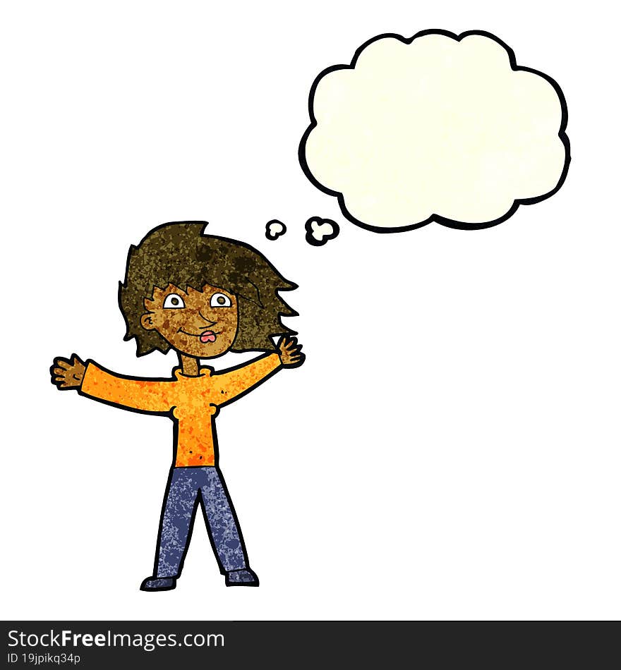 cartoon excited woman waving with thought bubble