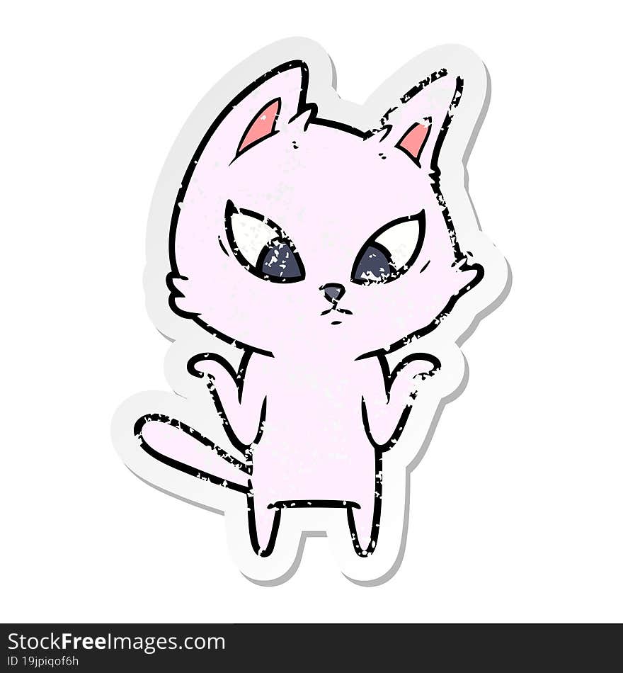 distressed sticker of a confused cartoon cat shrugging shoulders