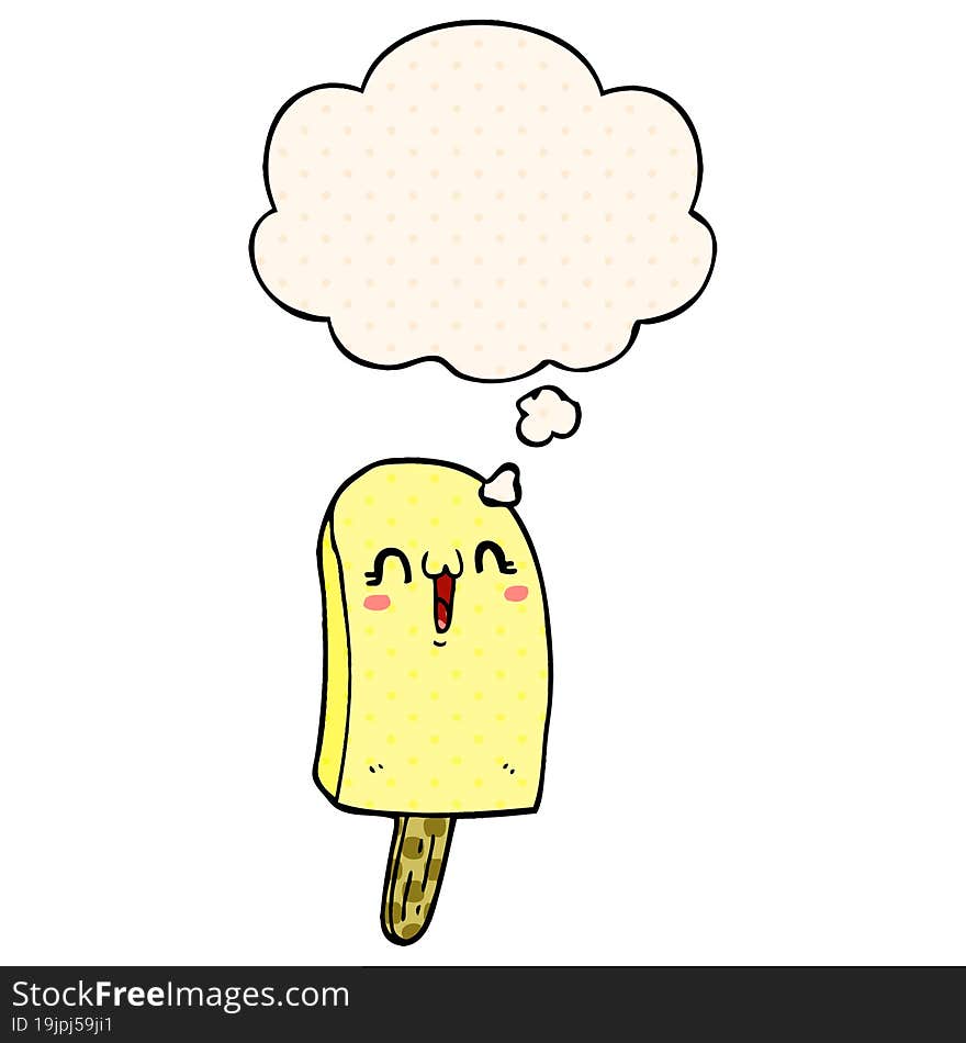 cartoon frozen ice lolly with thought bubble in comic book style