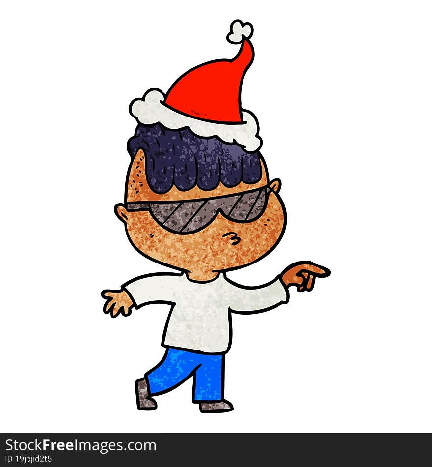 hand drawn textured cartoon of a boy wearing sunglasses pointing wearing santa hat