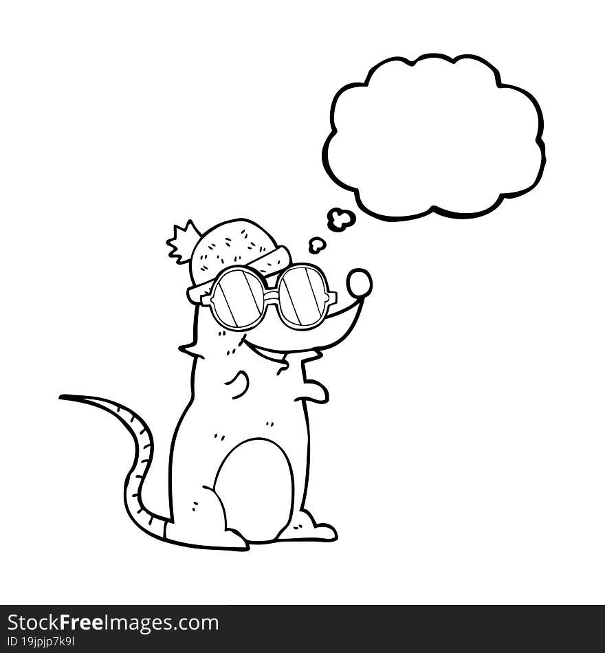 thought bubble cartoon mouse wearing glasses and hat