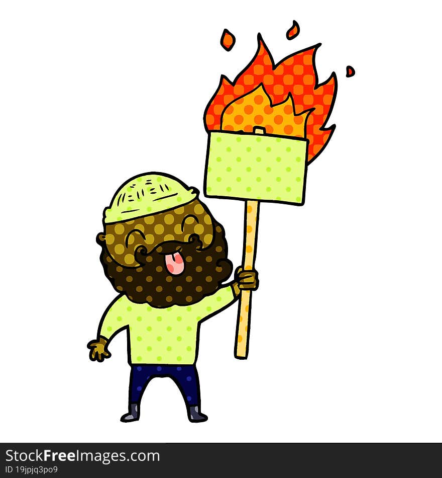 bearded protester cartoon with burning sign. bearded protester cartoon with burning sign