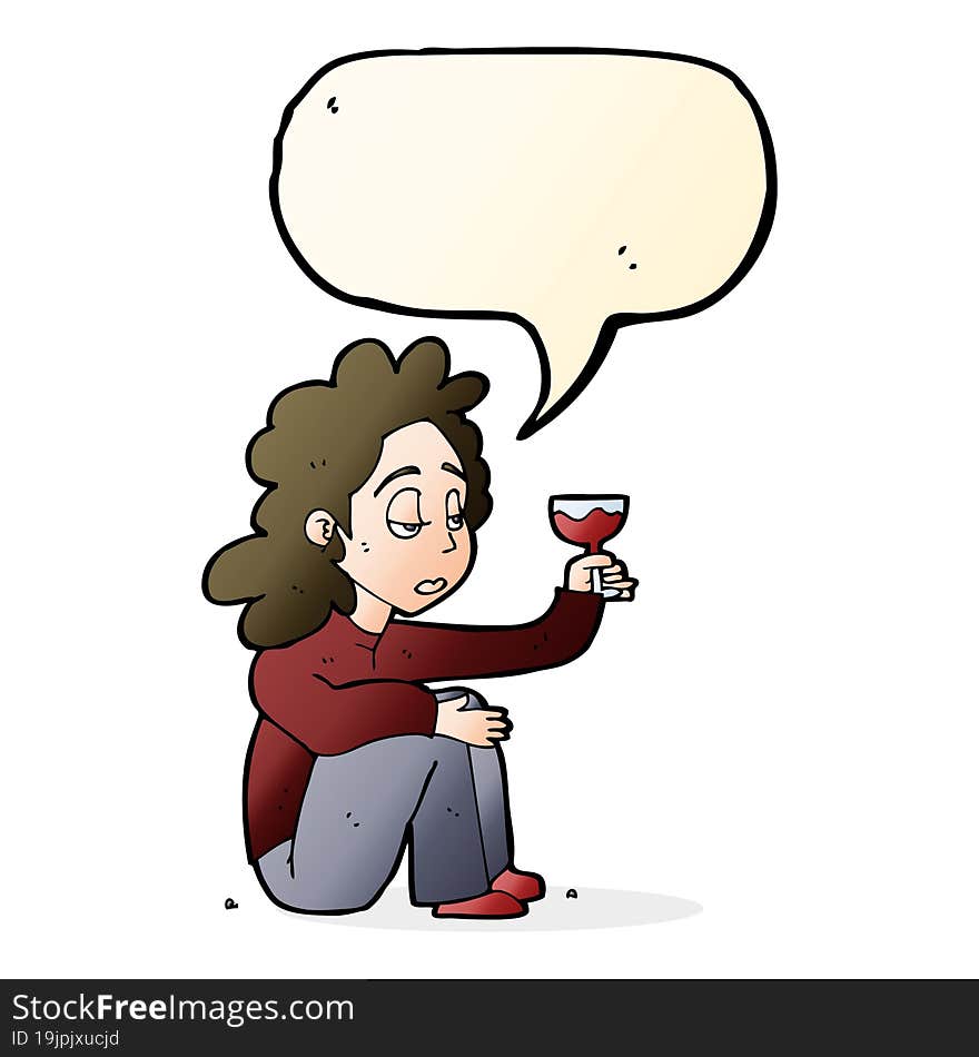 cartoon unhappy woman with glass of wine with speech bubble