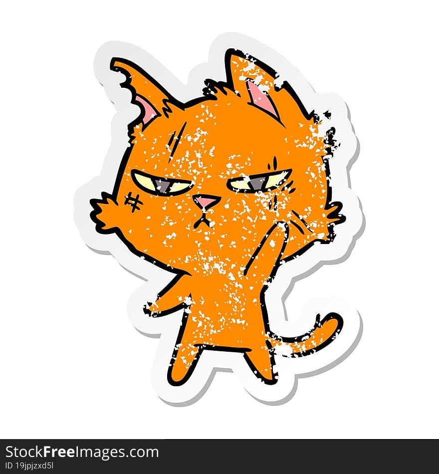 distressed sticker of a tough cartoon cat