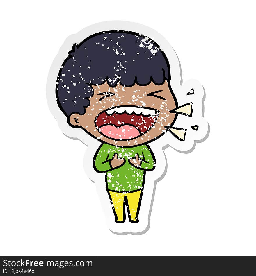 distressed sticker of a cartoon laughing man