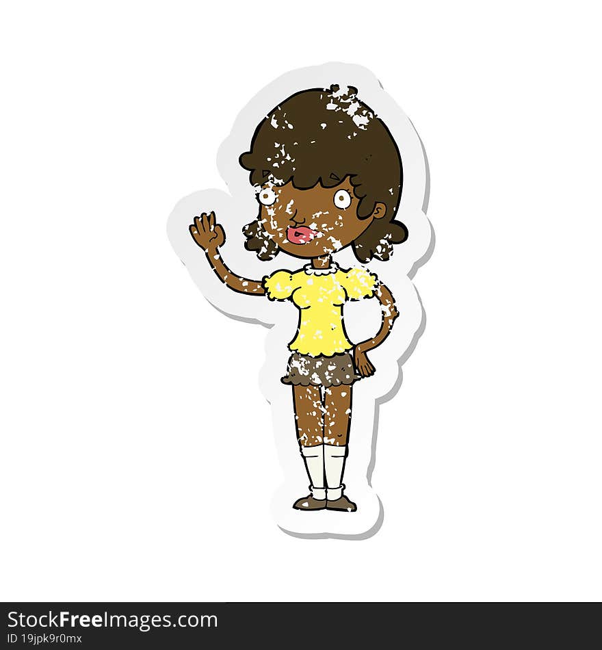 retro distressed sticker of a cartoon waving woman