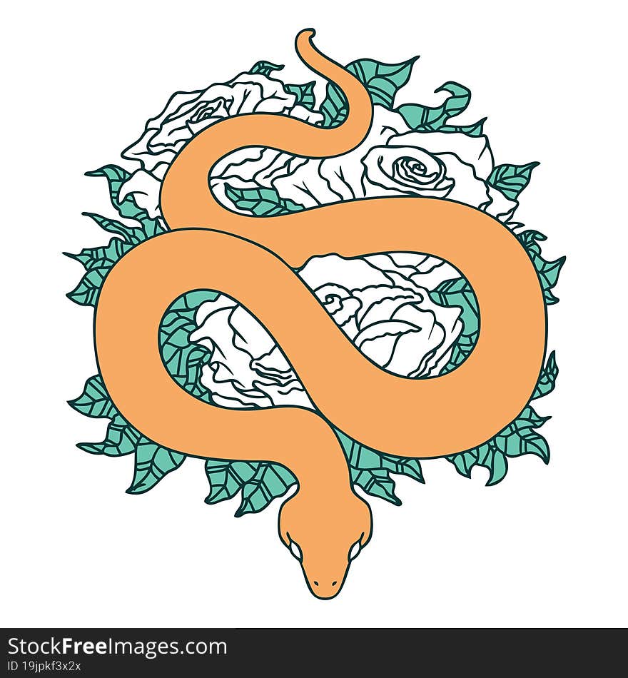 tattoo style icon of a snake and roses