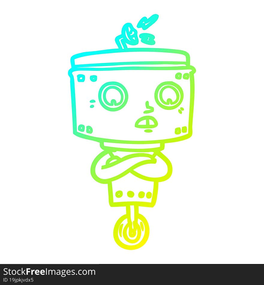 Cold Gradient Line Drawing Cartoon Robot With Crossed Arms