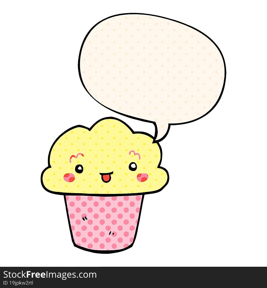 cartoon cupcake with face with speech bubble in comic book style. cartoon cupcake with face with speech bubble in comic book style