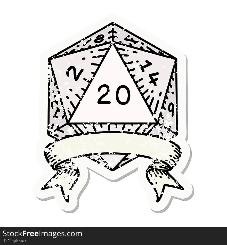 grunge sticker of a natural 20 critical hit D20 dice roll. grunge sticker of a natural 20 critical hit D20 dice roll